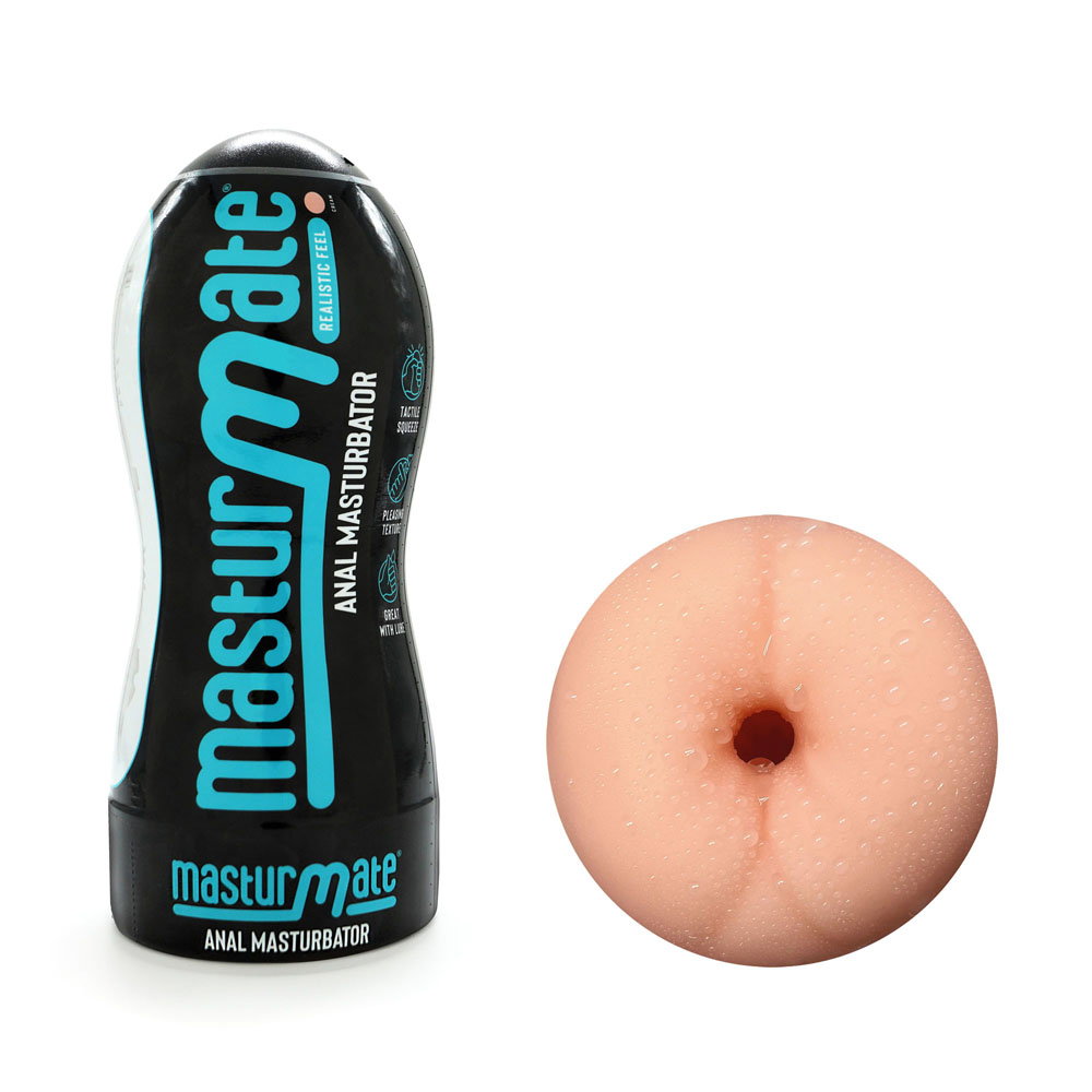 Masturmate anal masturbator shown as a smooth black squeezable container, outer packaging removed