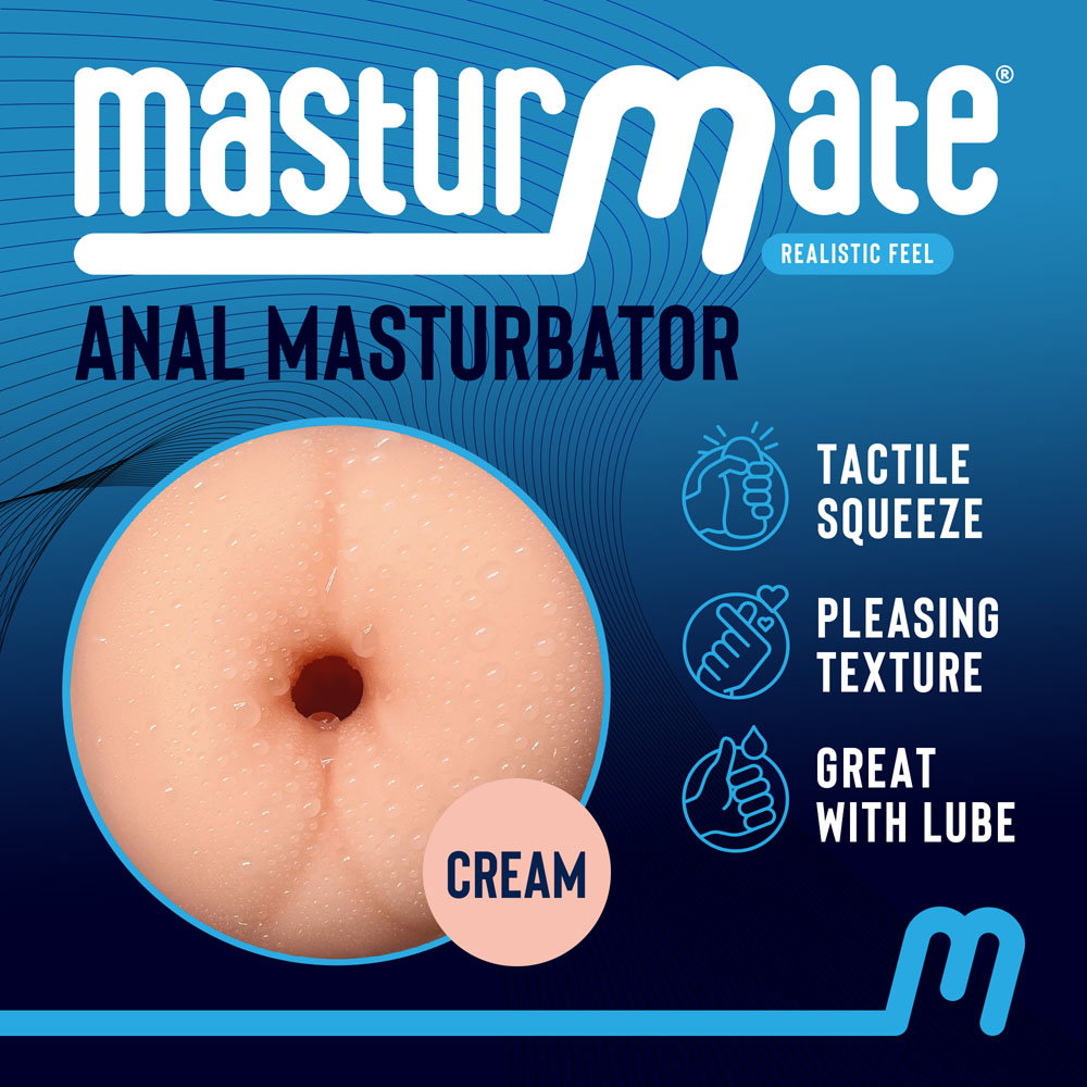 Masturmate anal masturbator shown as a smooth black squeezable container, outer packaging removed