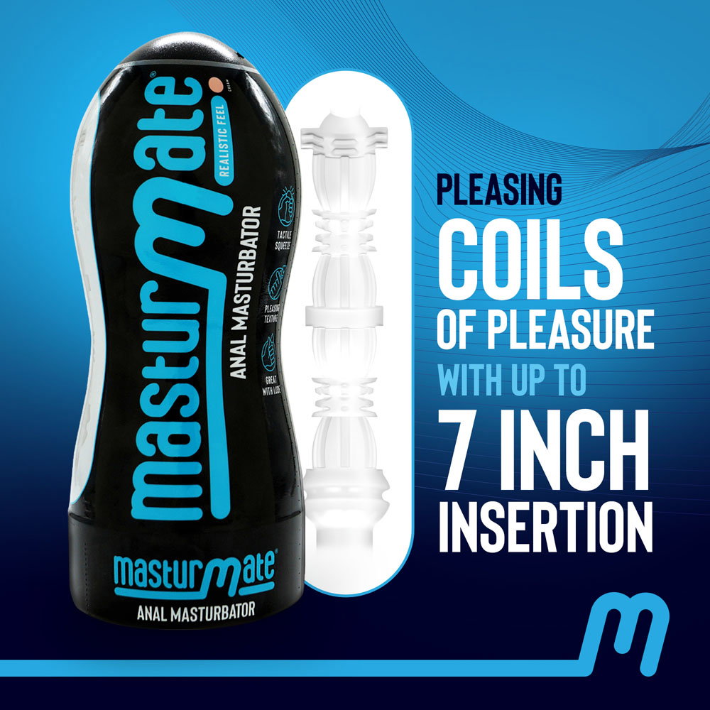 Masturmate anal masturbator shown as a smooth black squeezable container, outer packaging removed