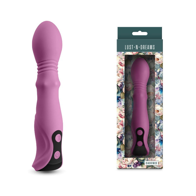 Lust-n-Dreams Cadence blush vibrator with thrusting head, sliding ring and digital display