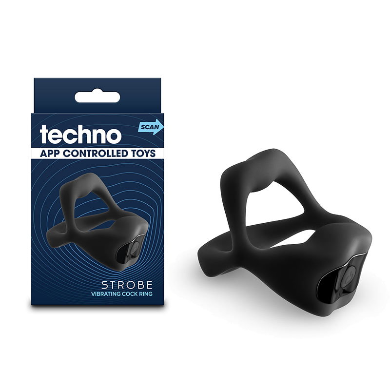 Black silicone vibrating cock ring, Techno Strobe by NS Novelties