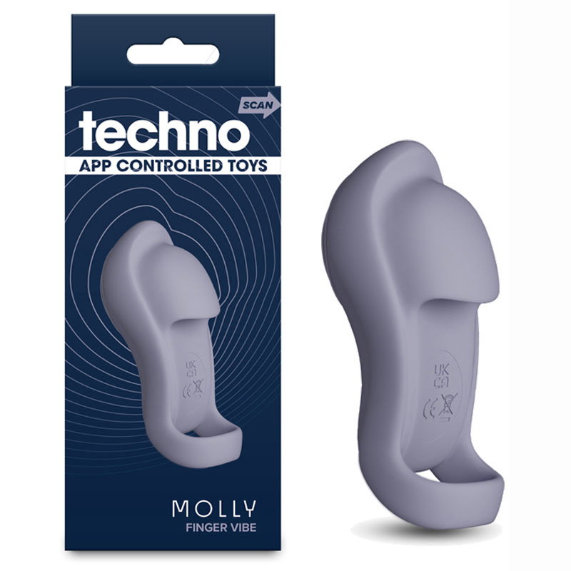 Grey Techno Molly silicone finger vibrator, app-controlled, with charging cable