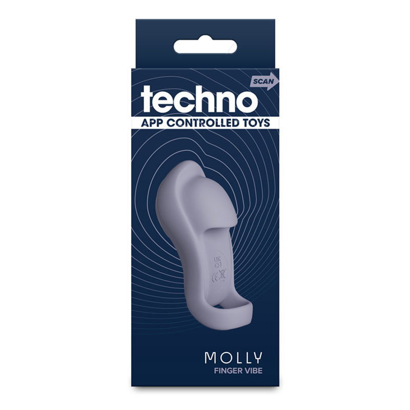 Grey Techno Molly silicone finger vibrator, app-controlled, with charging cable