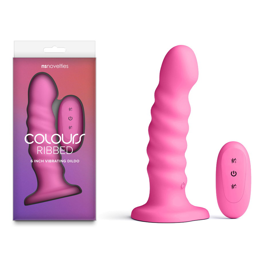 Pink ribbed silicone vibrating dildo with suction cup base and wireless remote control
