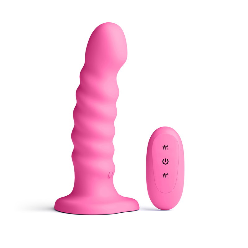 Pink ribbed silicone vibrating dildo with suction cup base and wireless remote control