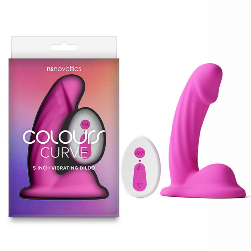 Pink Colours Curve vibrating silicone dildo, 5-inch curved textured shaft with wireless remote