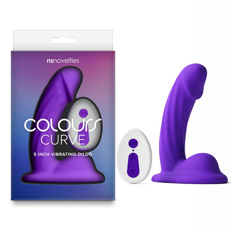 Purple Colours Curve silicone vibrating dildo with textured curved shaft and wireless remote control
