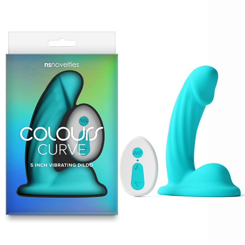 Teal curved, textured silicone vibrating dildo with wireless remote control, 5-inch size, by NS Novelties Colours