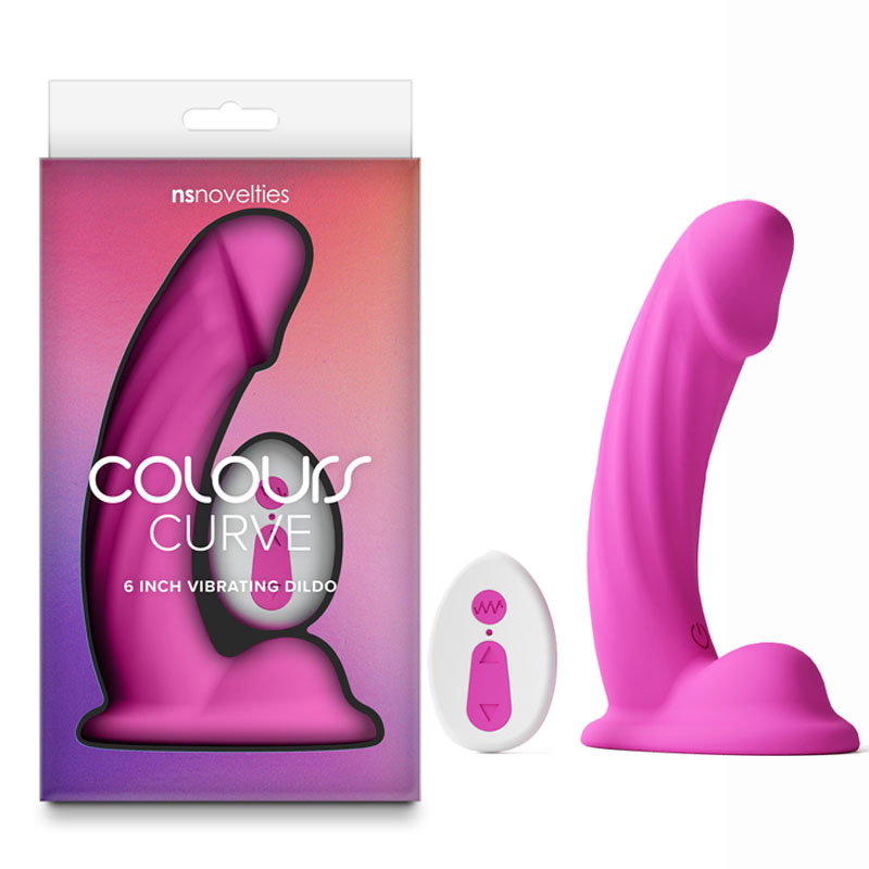Pink curved silicone vibrating dong, 6 inch, with textured shaft and wireless remote control