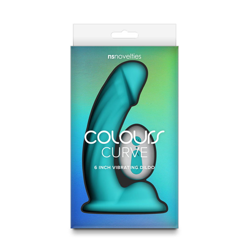 Teal silicone curved vibrating dildo with textured shaft and included wireless remote control