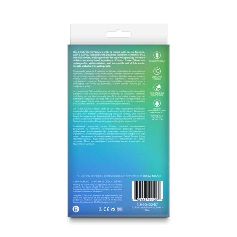 Teal silicone curved vibrating dildo with textured shaft and included wireless remote control