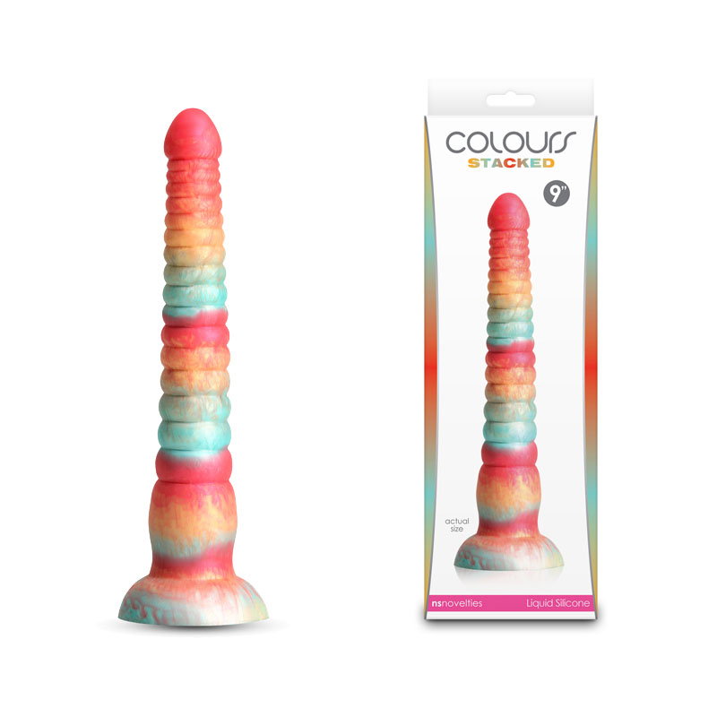 NS Novelties Colours Stacked 9-inch silicone dildo in red and gold tri-colour design