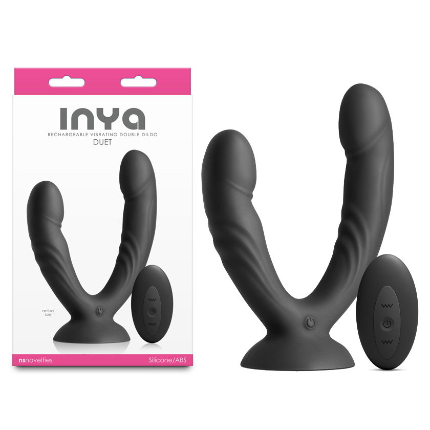 INYA Duet black silicone vibrating double dildo with suction cup base and remote control