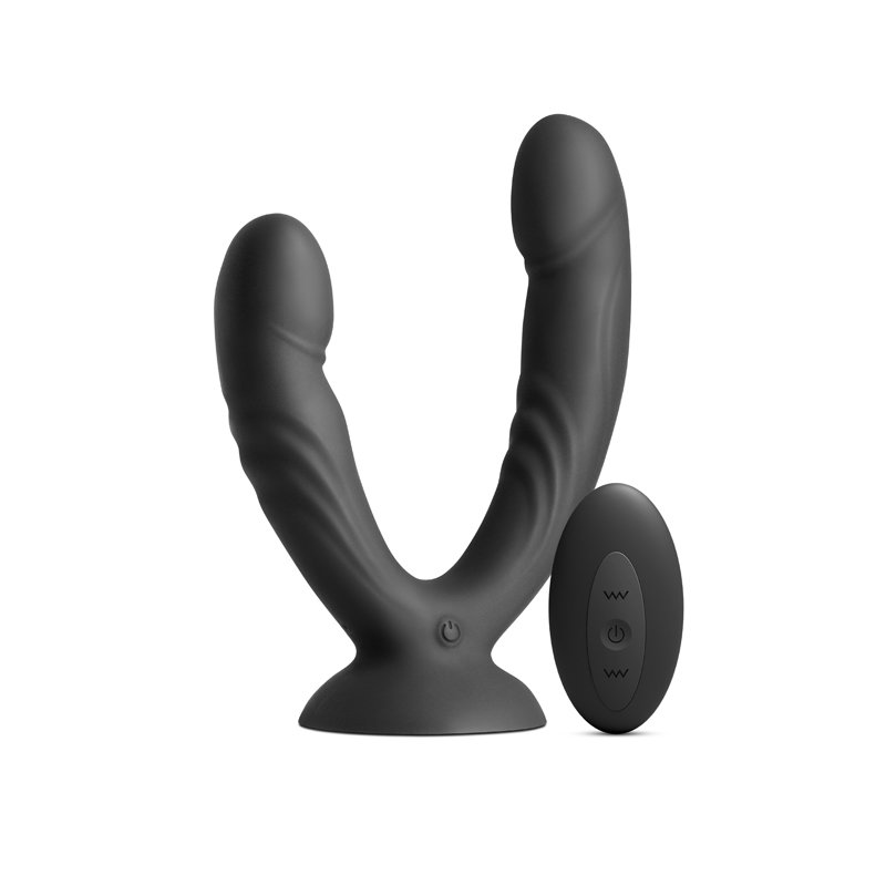 INYA Duet black silicone vibrating double dildo with suction cup base and remote control