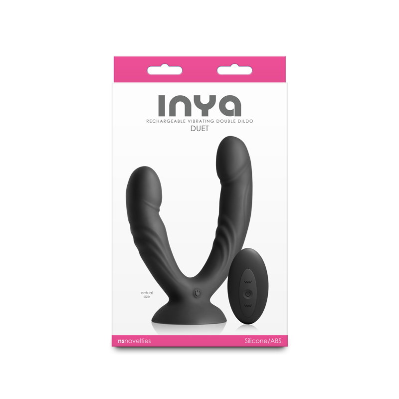 INYA Duet black silicone vibrating double dildo with suction cup base and remote control