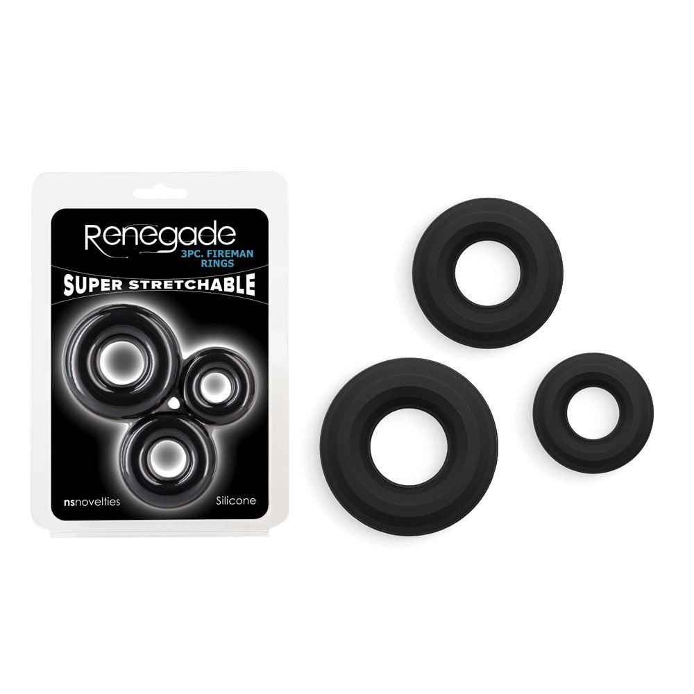 Set of three black silicone Renegade Fireman cock rings in small, medium and large sizes