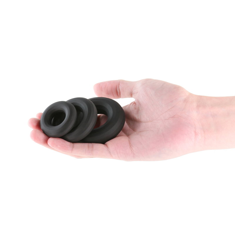Set of three black silicone Renegade Fireman cock rings in small, medium and large sizes