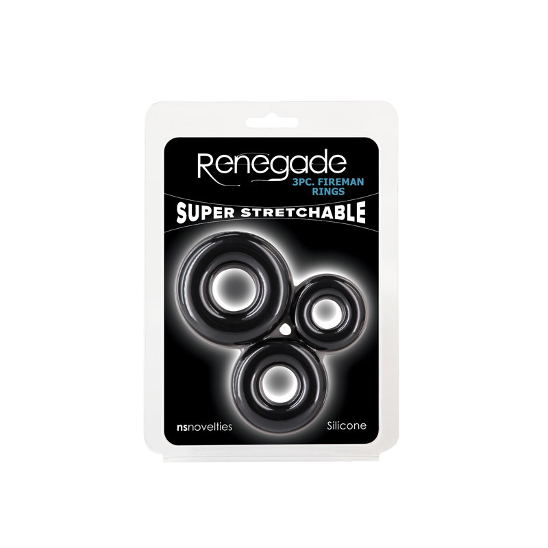 Set of three black silicone Renegade Fireman cock rings in small, medium and large sizes