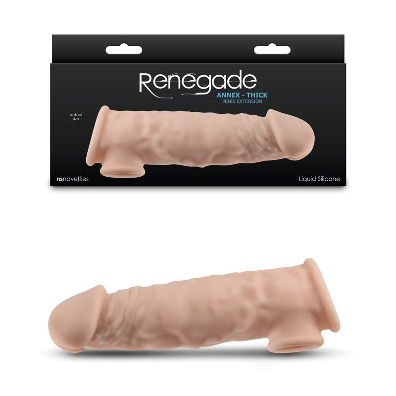Renegade Annex Thick Sleeve in flesh colour, a textured liquid silicone penis sleeve with ball-drop design
