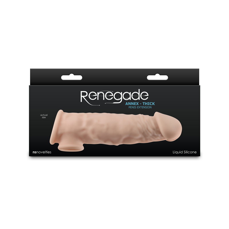 Renegade Annex Thick Sleeve in flesh colour, a textured liquid silicone penis sleeve with ball-drop design