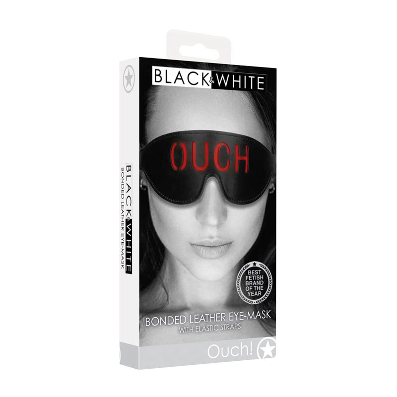 OUCH! eye mask by Shots Toys in stitched faux leather with red backing and OUCH cut-out detail