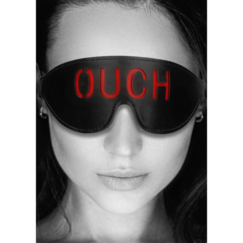 OUCH! eye mask by Shots Toys in stitched faux leather with red backing and OUCH cut-out detail