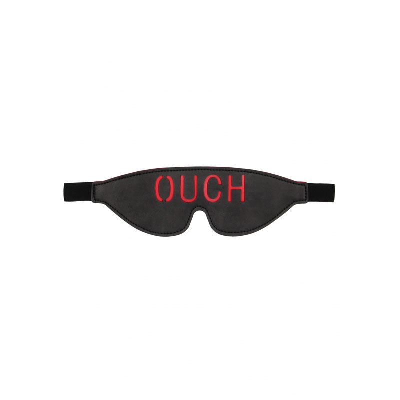 OUCH! eye mask by Shots Toys in stitched faux leather with red backing and OUCH cut-out detail
