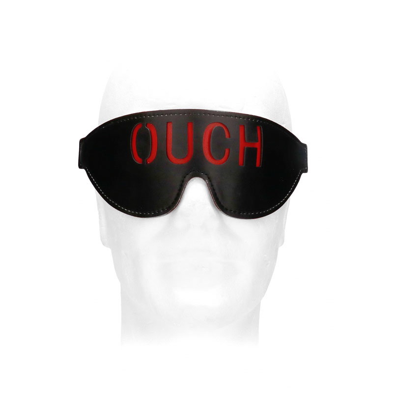 OUCH! eye mask by Shots Toys in stitched faux leather with red backing and OUCH cut-out detail