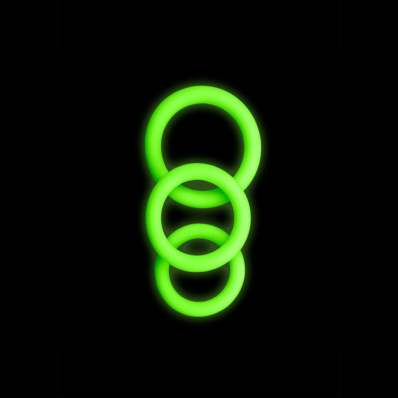 OUCH! Glow in the Dark silicone cock ring set, three sizes, by Shots Toys