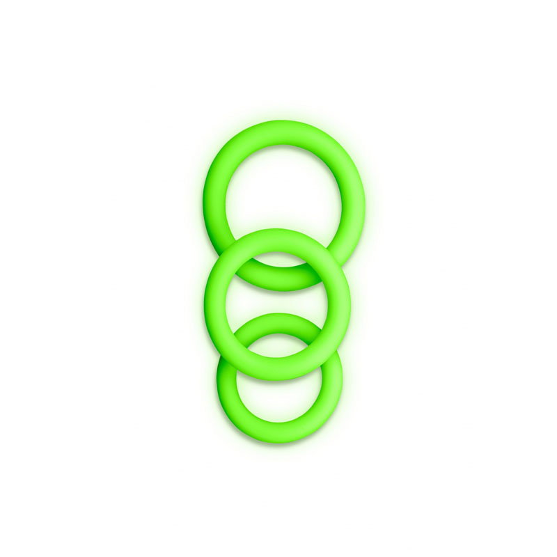 OUCH! Glow in the Dark silicone cock ring set, three sizes, by Shots Toys