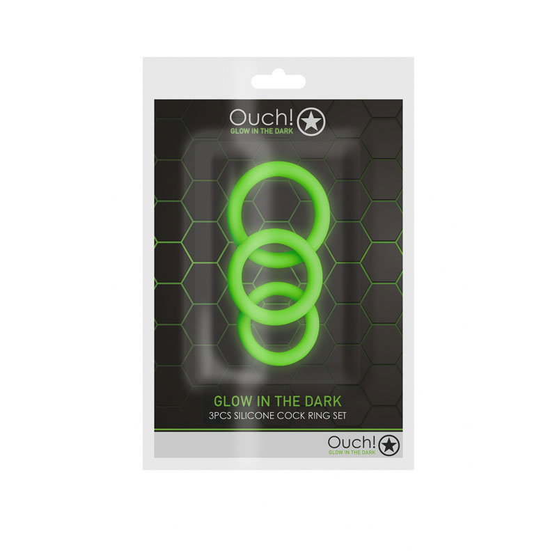 OUCH! Glow in the Dark silicone cock ring set, three sizes, by Shots Toys