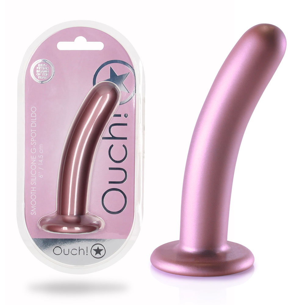 OUCH! Smooth Silicone G-Spot Dildo in rose metallic finish with suction cup base, 14.5cm