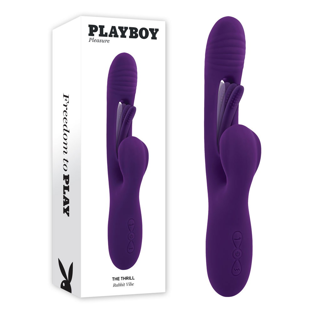 Playboy Pleasure The Thrill silicone rabbit vibrator with textured head and external stimulator