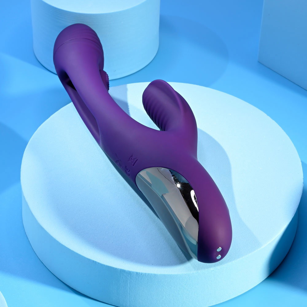 Playboy Pleasure The Thrill silicone rabbit vibrator with textured head and external stimulator