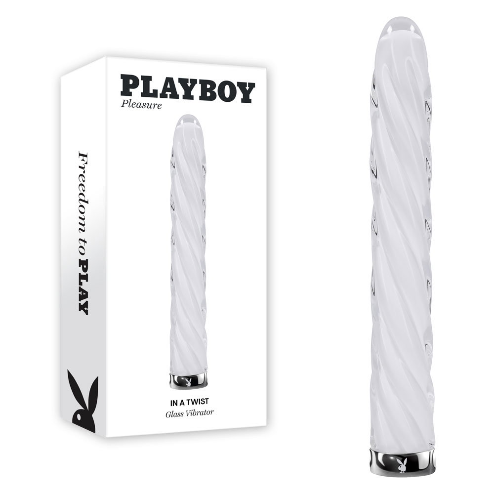 Playboy Pleasure In A Twist white glass vibrator with spiral texture and tapered tip