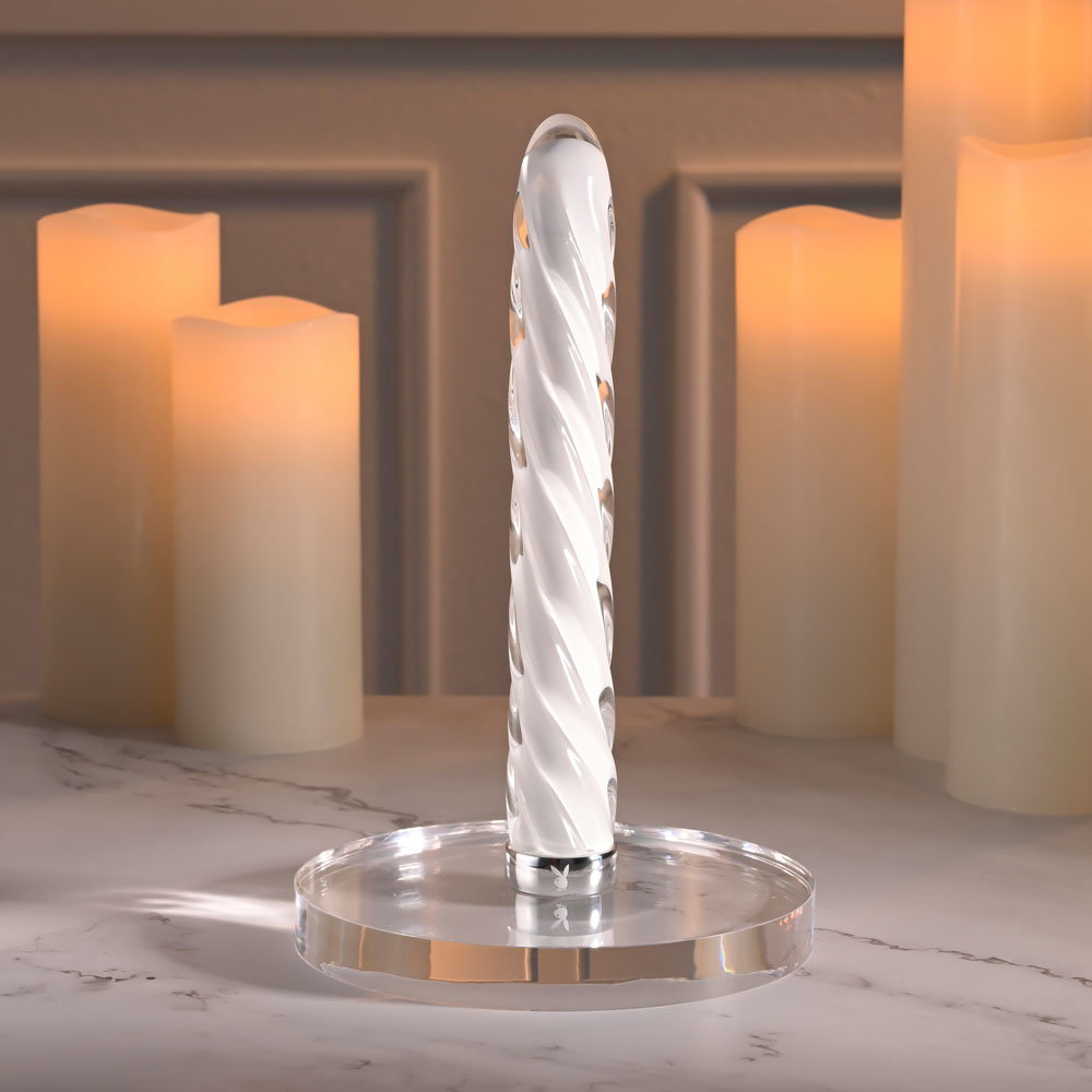 Playboy Pleasure In A Twist white glass vibrator with spiral texture and tapered tip