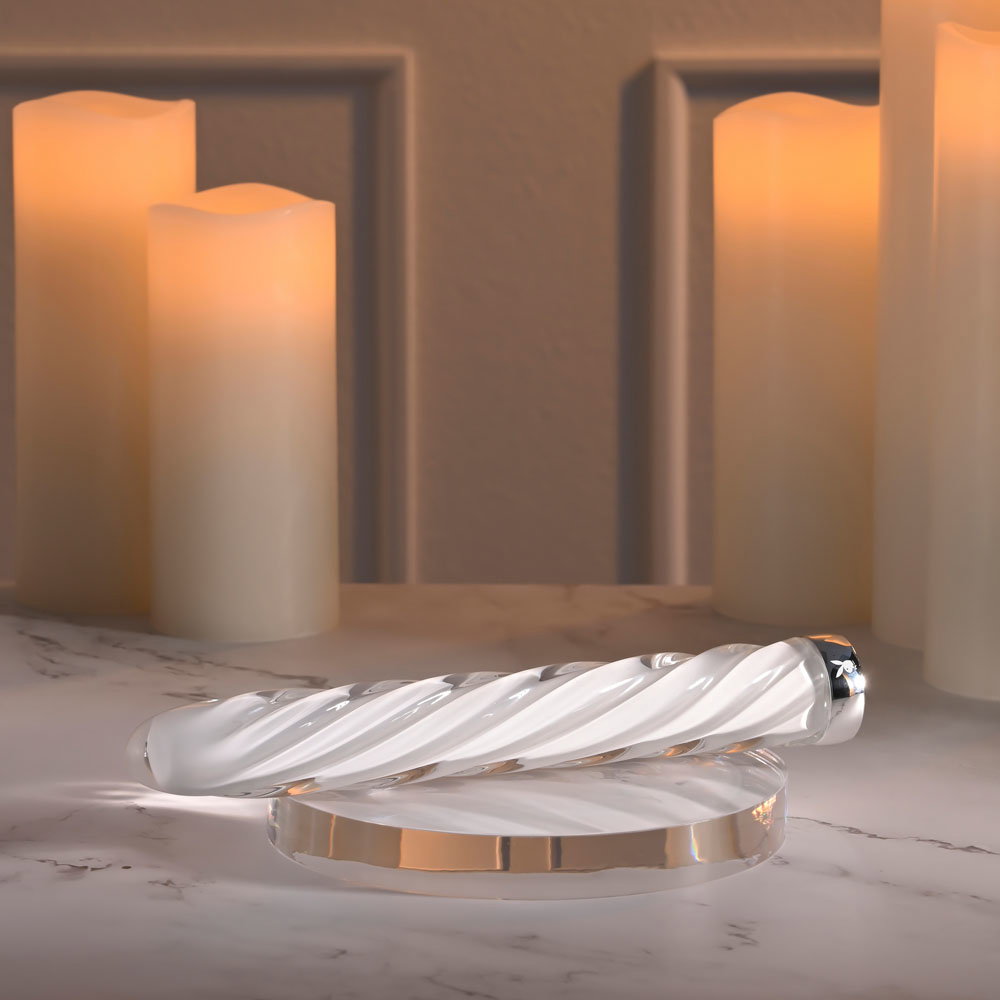 Playboy Pleasure In A Twist white glass vibrator with spiral texture and tapered tip