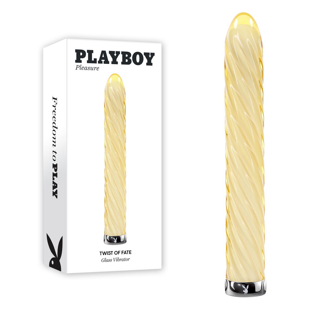 Playboy Pleasure Twist of Fate glass vibrator with tapered tip and twirling spiral design