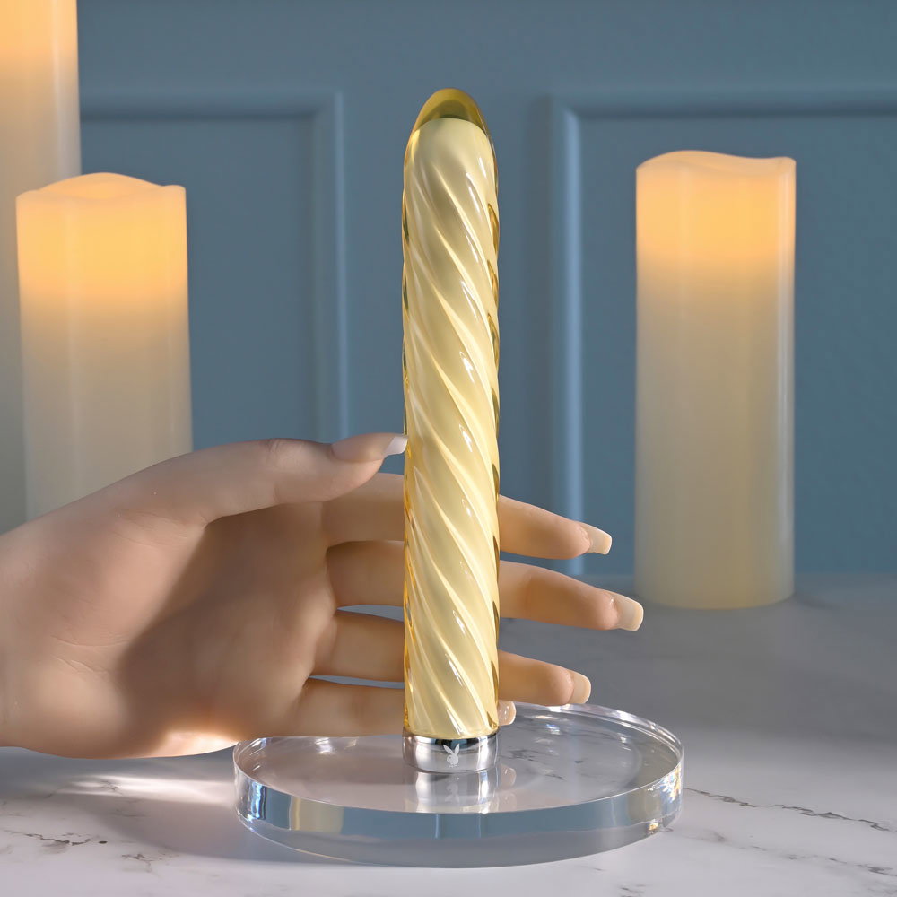Playboy Pleasure Twist of Fate glass vibrator with tapered tip and twirling spiral design