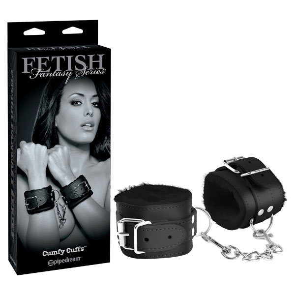 Pipedream FFS Cumfy Cuffs in black with faux fur lining and metal buckle closures