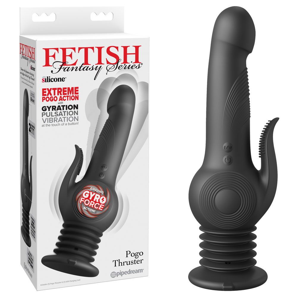 Pipedream FFS Pogo Thruster black silicone vibrator with suction cup base and charging cord