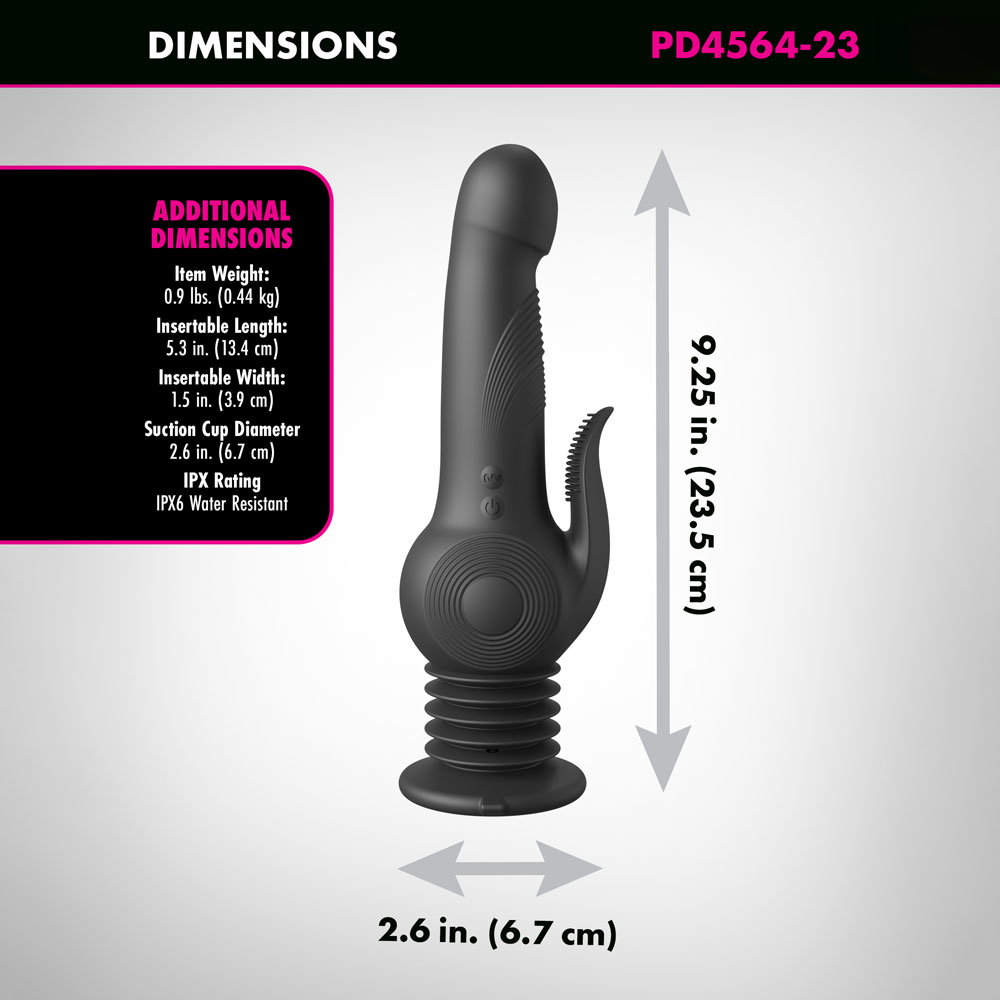 Pipedream FFS Pogo Thruster black silicone vibrator with suction cup base and charging cord