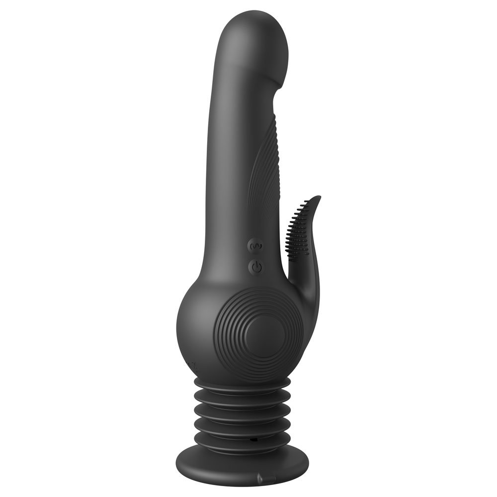 Pipedream FFS Pogo Thruster black silicone vibrator with suction cup base and charging cord