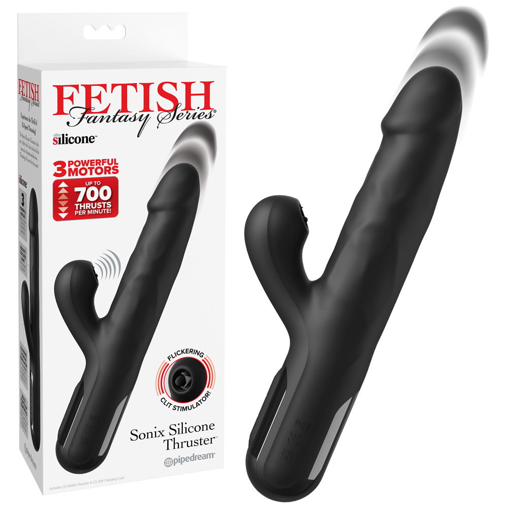 Pipedream FFS Sonix Silicone Thruster rabbit-style vibrator with external stimulator and charging cord