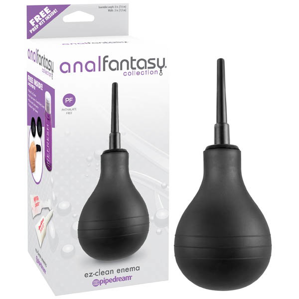 Pipedream AFC EZ-Clean Enema in black with squeeze bulb, screw-on applicator and prep kit accessories