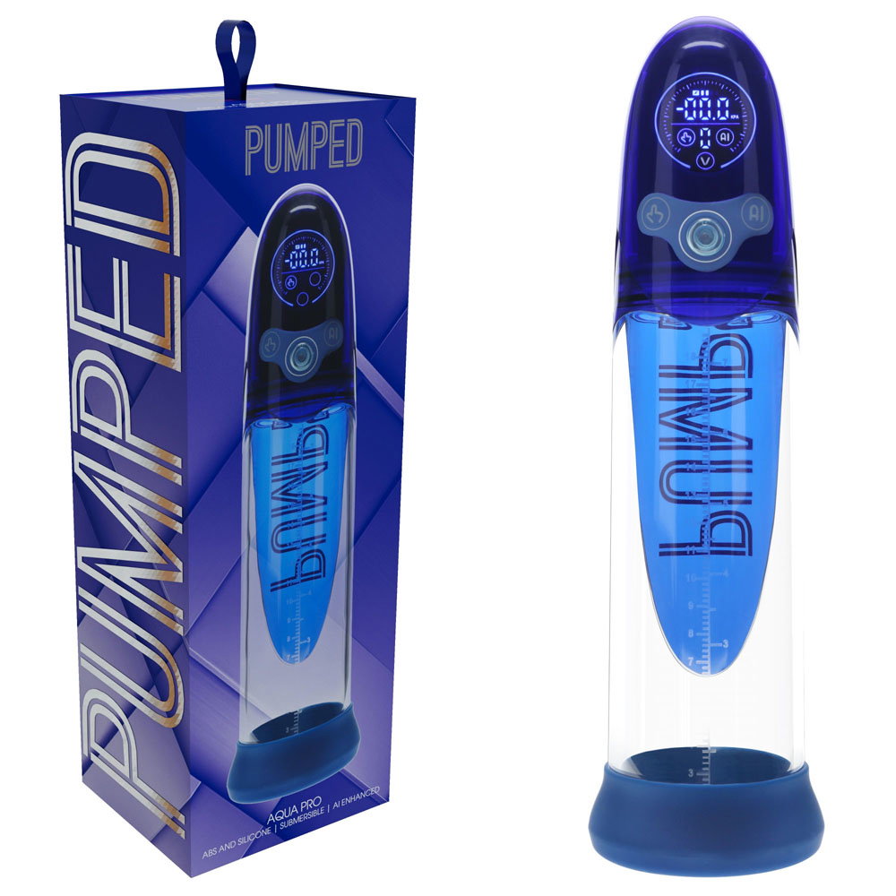 Shots PUMPED Aqua-Pro Auto Pump in blue, a rechargeable automatic pump with silicone sleeve