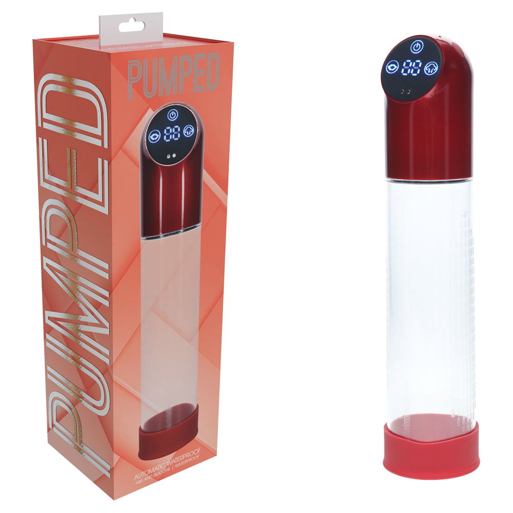 PUMPED Automatic Splashproof Pump in metal red with silicone sleeve by Shots Toys