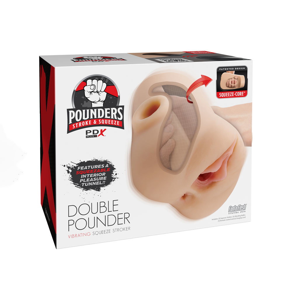 Pipedream PDX Plus Double Pounder dual-entry vibrating squeeze stroker with remote control