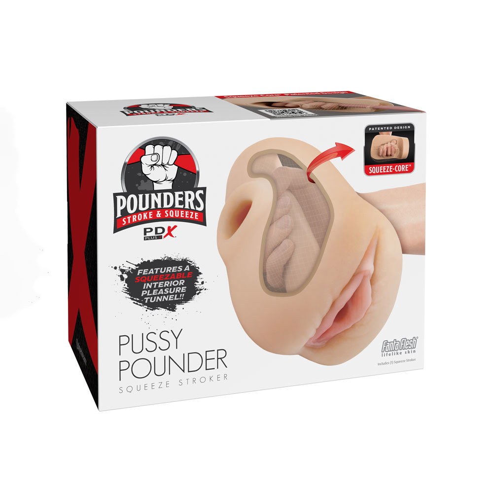 PDX Plus Squeeze Stroker in flesh colour, a textured handheld masturbator sleeve by Pipedream