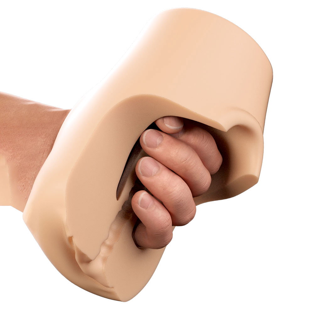 PDX Plus Squeeze Stroker in flesh colour, a textured handheld masturbator sleeve by Pipedream